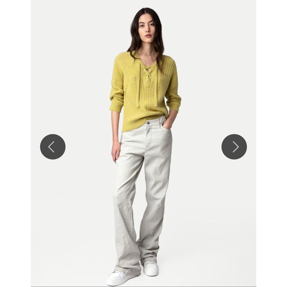 Zadig & Voltaire Fanny Lace-Up Cable Knit Sweater Size S Lime Green Yellow - Picture 3 of 12